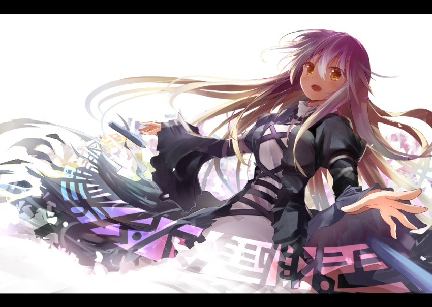 brown_eyes brown_hair dress efe fingernails gradient_hair hijiri_byakuren letterboxed long_hair multicolored_hair open_mouth outstretched_arms pink_hair purple_hair scroll solo sorcerer's_sutra_scroll spread_arms touhou white_background yellow_eyes