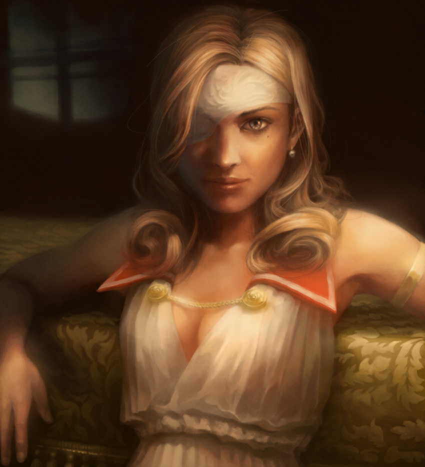beatrix breasts brown_eyes brown_hair cleavage couch drill_hair earrings eyepatch final_fantasy final_fantasy_ix highres htanjo jewelry light_smile lips looking_at_viewer mole realistic shaded_face short_hair sleeveless solo