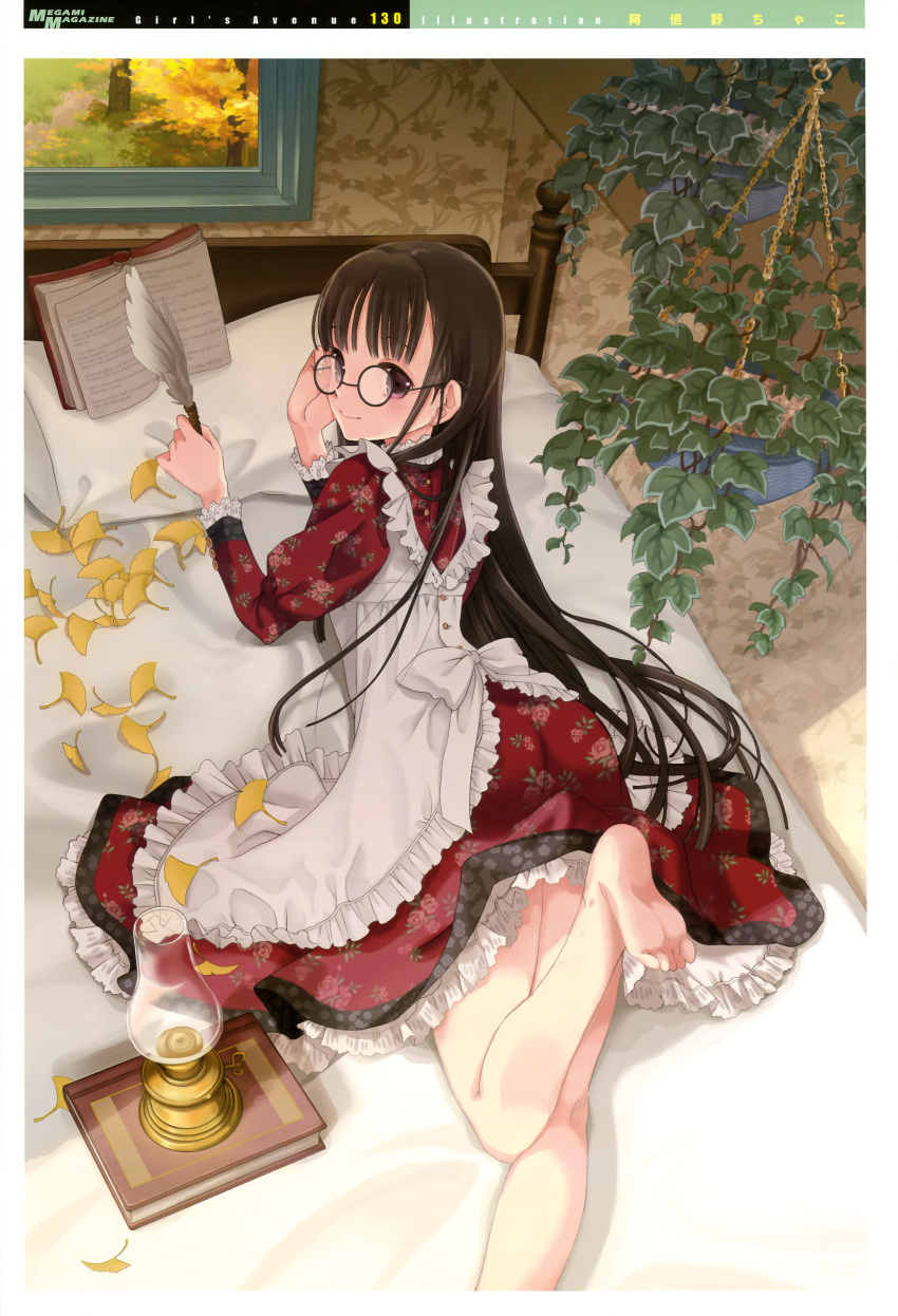 abeno_chaco absurdres adjusting_glasses artist_request autumn barefoot bed book brown_hair dress feet ginkgo girl's_avenue girl's_avenue glasses highres lantern leg_lift legs long_hair looking_back lying megami on_bed on_stomach plant potted_plant purple_eyes quill solo very_long_hair