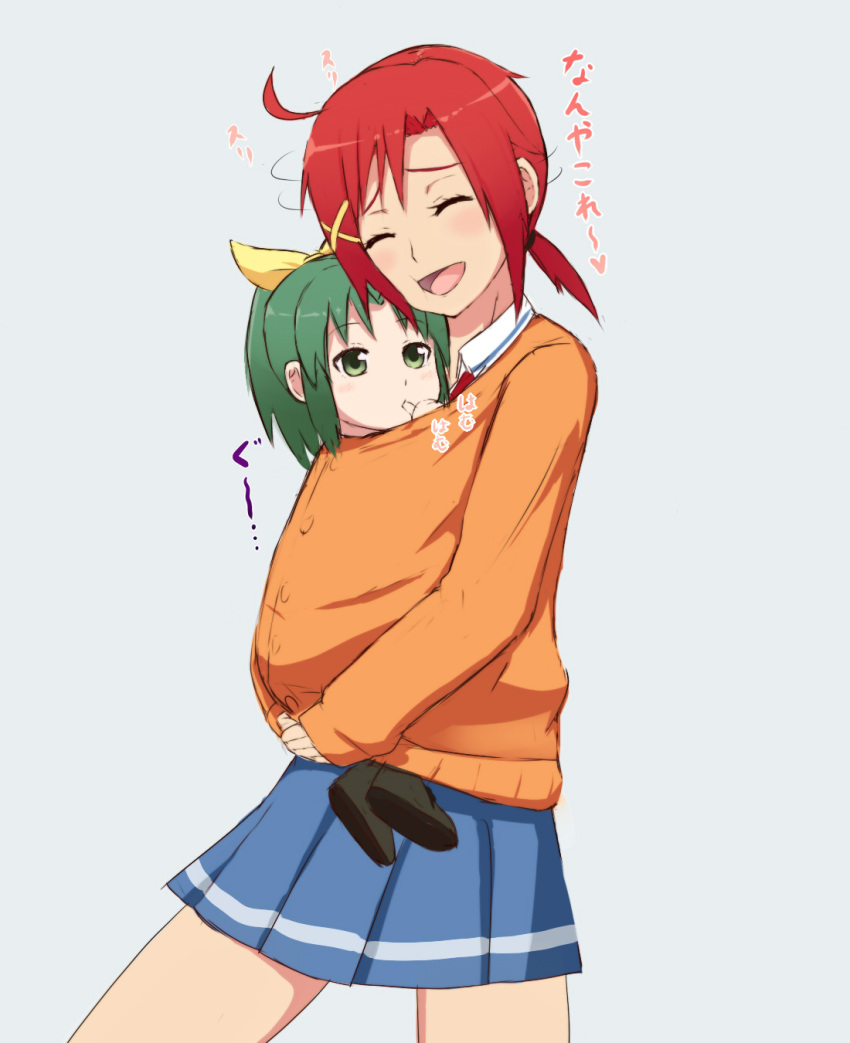 :d ^_^ blush child closed_eyes clothed eyes_closed female green_eyes green_hair happy heart highres hino_akane hug midorikawa_nao multiple_girls open_mouth ponytail precure red_eyes red_hair redhead short_hair simple_background skirt smile smile_precure! spoken_heart standing sweater text thumb_sucking translated unpale young