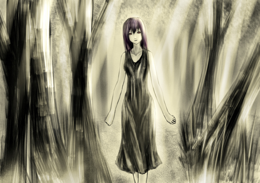 brown_eyes dress forest long_hair polychromatic purple_hair tagme tree