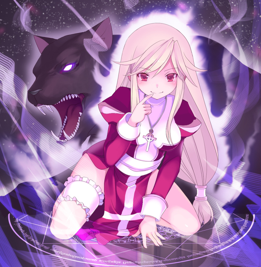 breasts cross dress fireflysnow high_priest jewelry kneeling long_hair looking_at_viewer necklace priest priest_(ragnarok_online) ragnarok_online red_eyes silver_hair smile solo thighband wolf