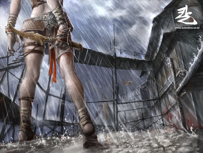 anklet bandage bandages barefoot blood dirty_feet feet highres jewelry kal_online knife legs official_art raid rain reverse_grip short_shorts shorts storm toeless_socks wallpaper