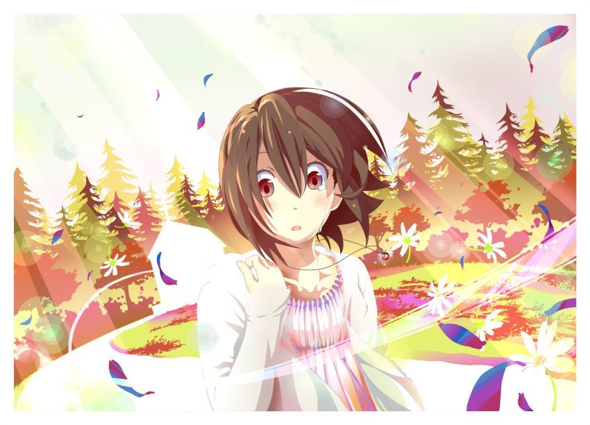 1girl brown_hair church dress dutch_angle flower forest grass highres inaba_himeko jewelry kokoro_connect looking_down monaral-jiro nature necklace open_mouth path petals pine_tree pov red_eyes short_hair solo sunbeam sunlight surprised teardrop tears tree wind