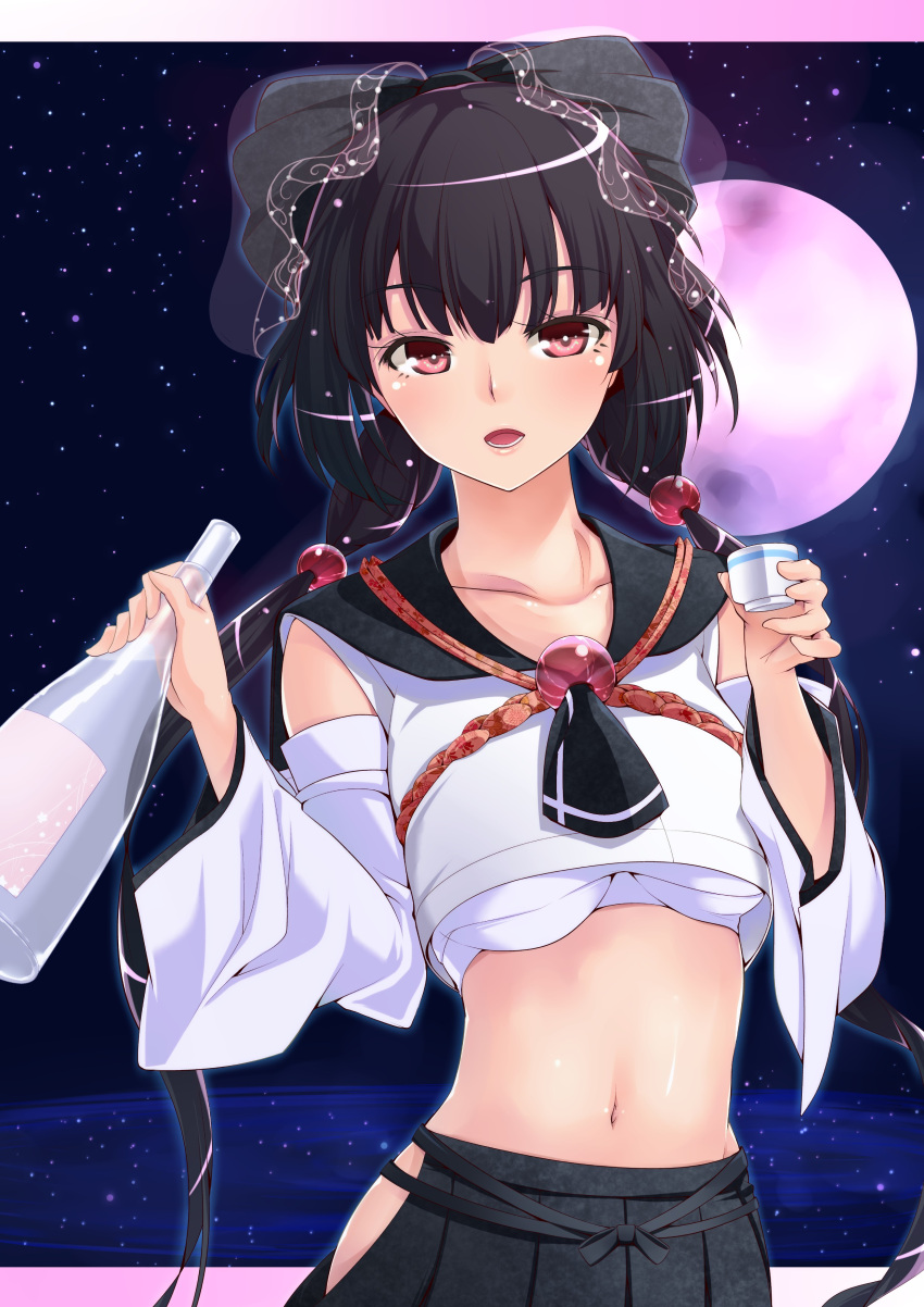 absurdres amasora_taichi black_hair blush bottle collarbone detached_sleeves highres holding light_particles long_hair looking_at_viewer midriff navel no_panties open_mouth original pink_moon red_eyes school_uniform serafuku sky solo star_(sky) starry_sky twintails