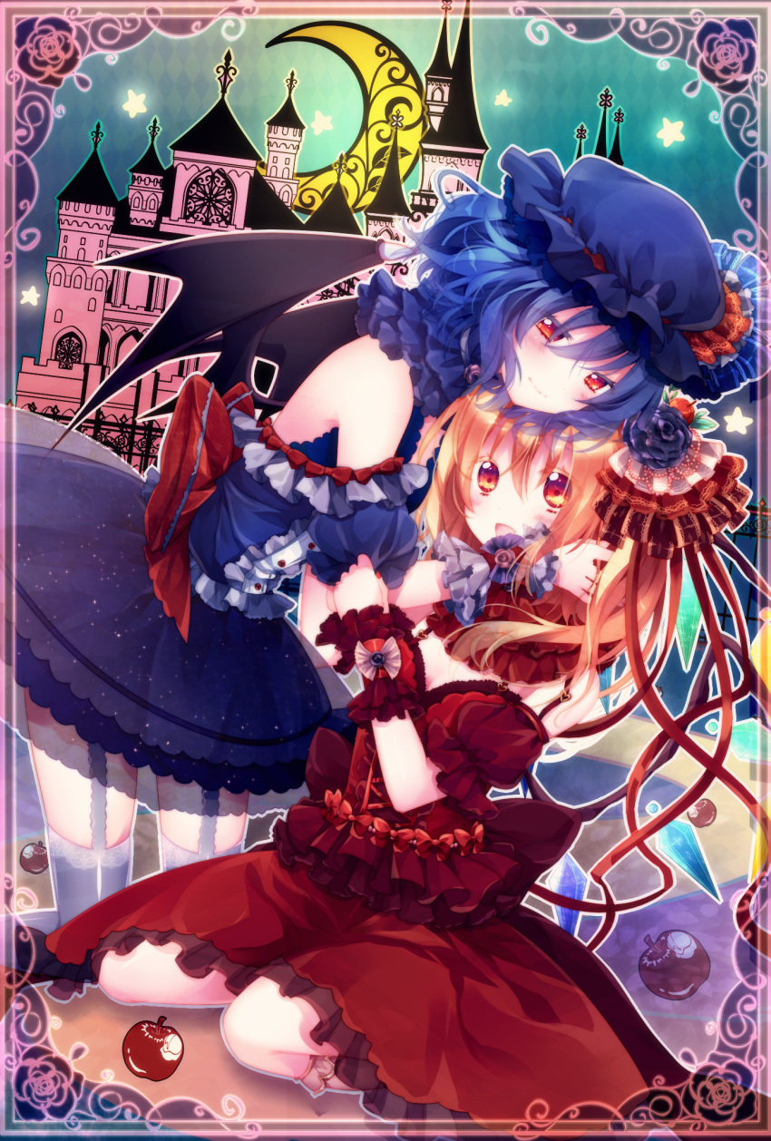 :d alternate_costume apple bad_id blonde_hair blue_hair blush crescent_moon dress flandre_scarlet food fruit garter_straps hat hat_ribbon highres moon multiple_girls open_mouth red_eyes remilia_scarlet ribbon riichu scarlet_devil_mansion siblings sisters sitting smile thigh-highs thighhighs touhou wings wrist_cuffs