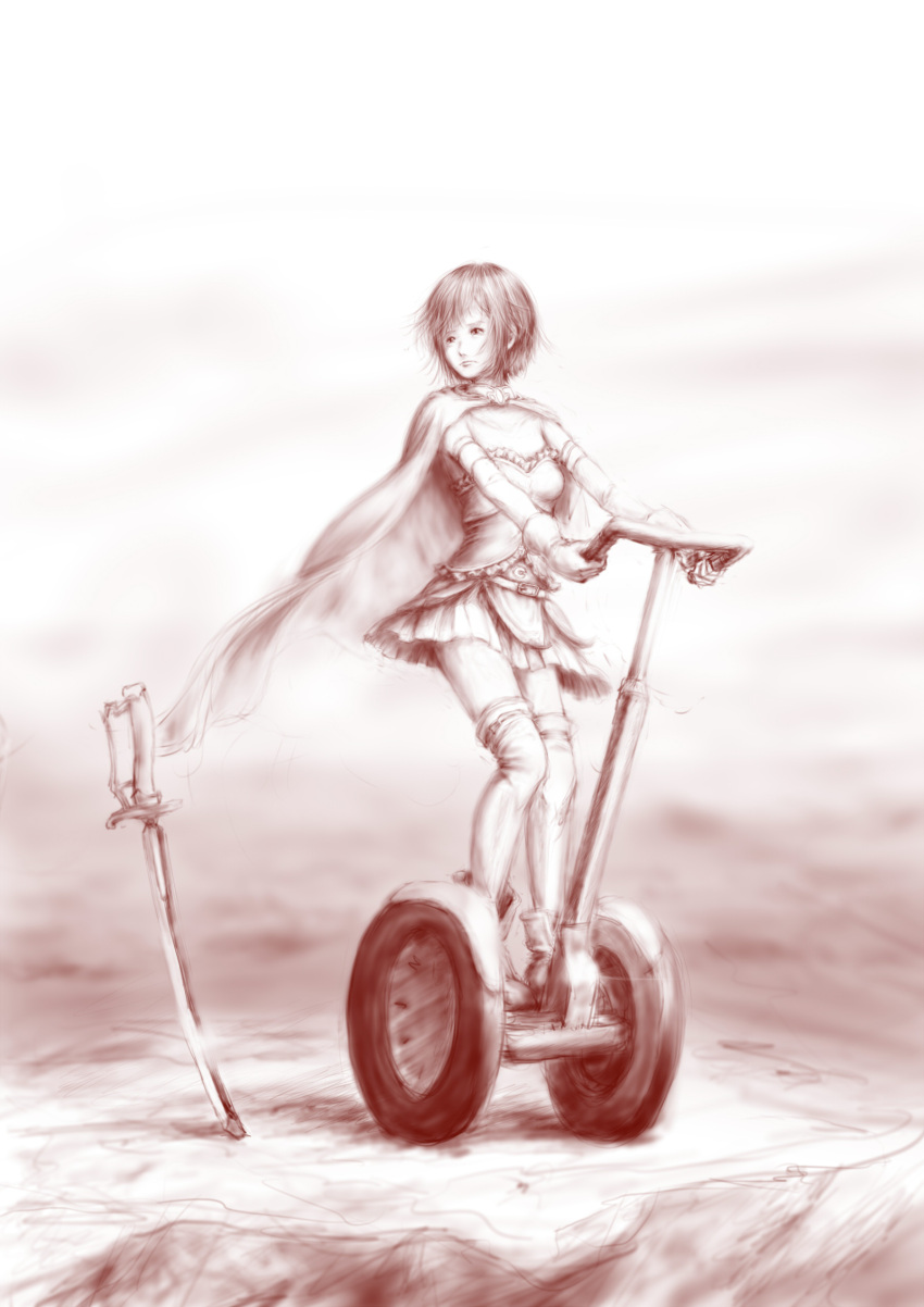 absurdres artist_request boots cape gloves highres looking_back magical_girl mahou_shoujo_madoka_magica miki_sayaka monochrome segway short_hair sketch skirt solo standing sword weapon