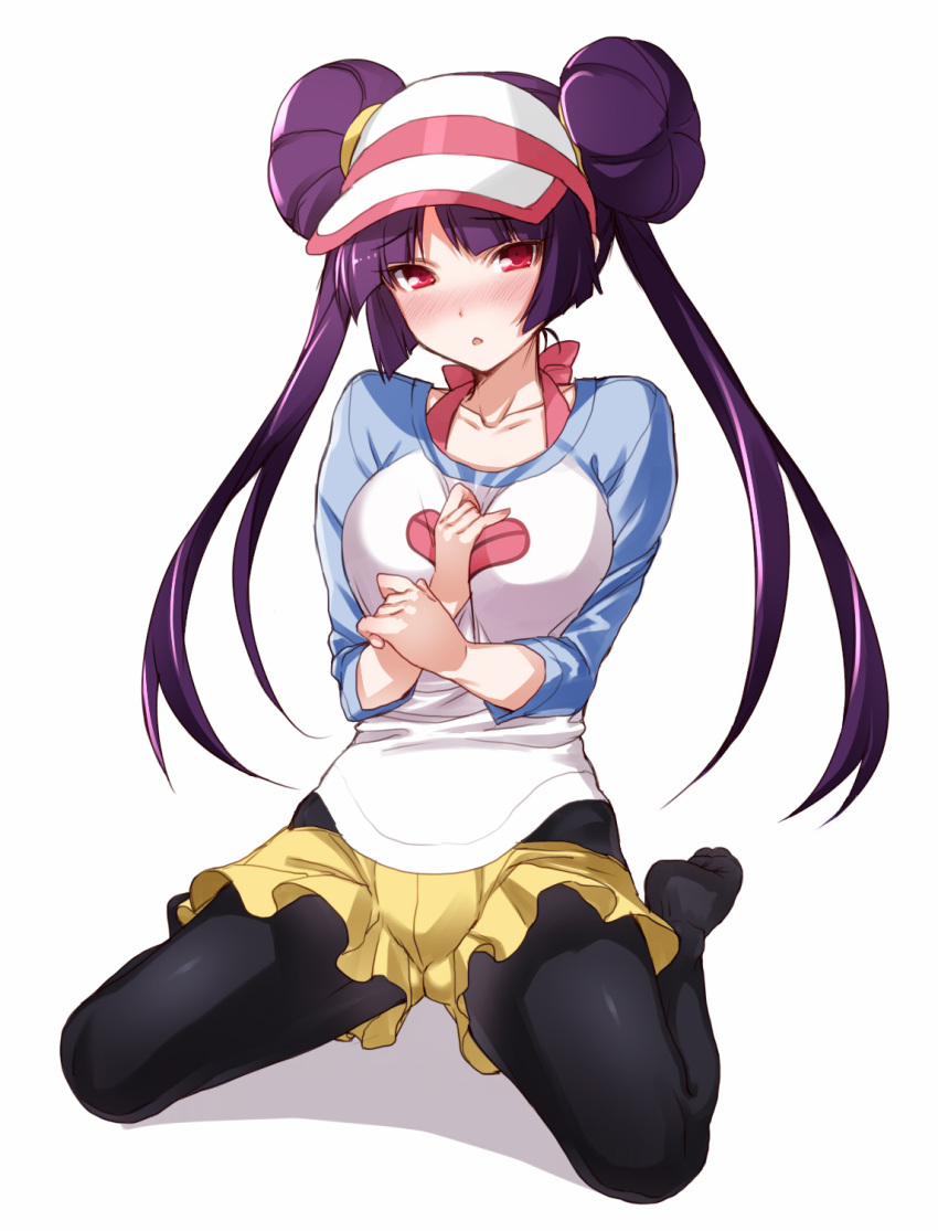 :o akira_(natsumemo) blush breasts cosplay hair_bun hat highres kneeling legwear_under_shorts long_hair mei_(pokemon) mei_(pokemon)_(cosplay) natsume_(pokemon) pantyhose pokemon pokemon_(game) pokemon_bw2 purple_hair raglan_sleeves red_eyes shorts skirt solo tsurime