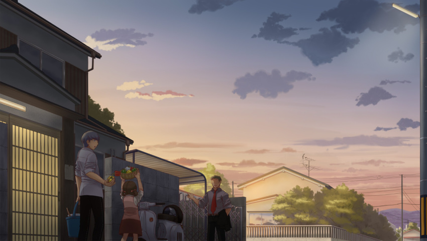 1girl absurdres arms_up basket bicycle brown_hair building child cityscape cloud clouds doujima_nanako doujima_ryoutarou food fruit grey_hair highres house narukami_yuu necktie persona persona_4 shirt short_hair skirt sky smile sunset track_jacket tree twintails yuugure