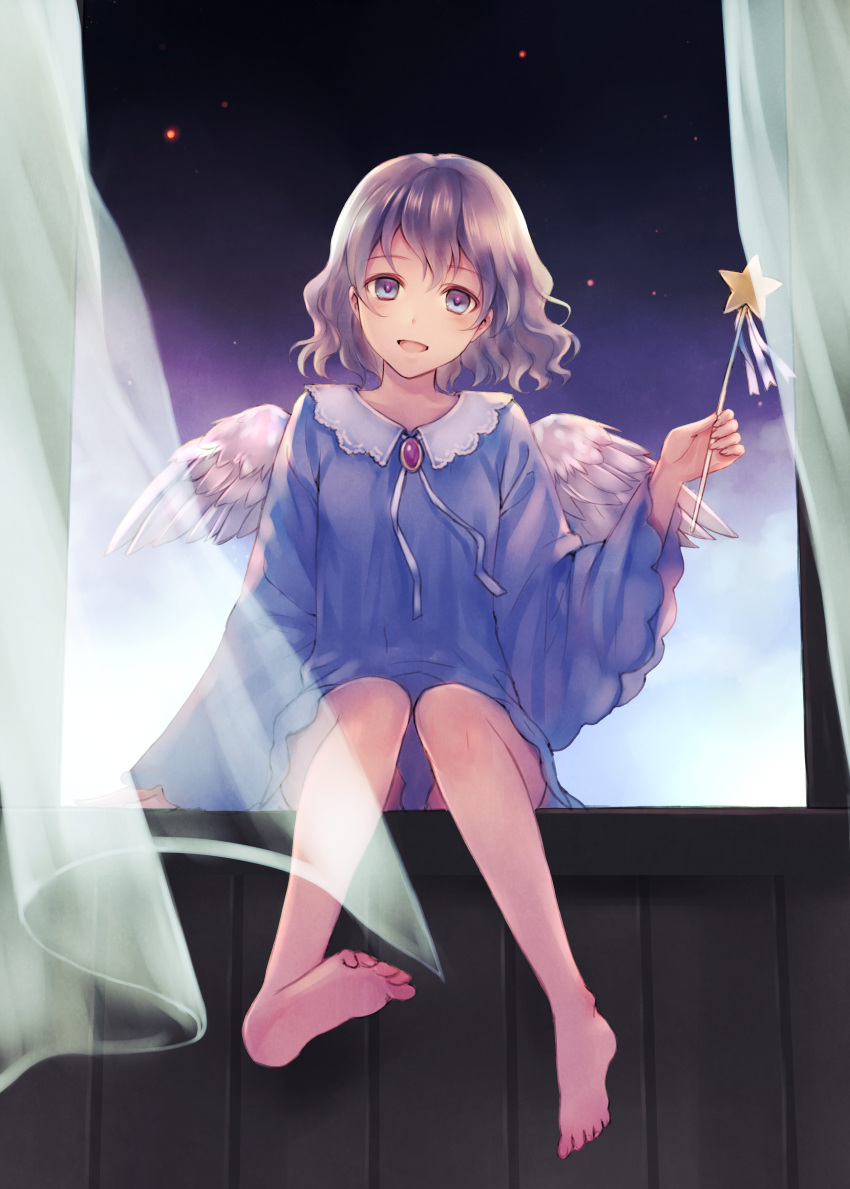 :d absurdres bad_id barefoot black_hair blue_eyes curtains dress feet fukahire_sanba highres long_hair looking_at_viewer open_mouth original short_hair sitting smile solo star wand window windowsill wings