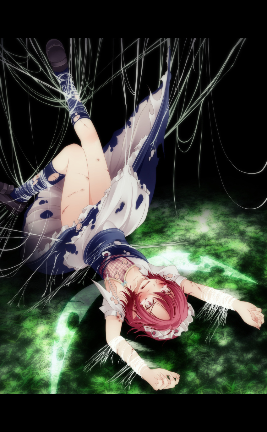 absurdres apron armpits arms_up blood blue_dress blush cuts dress fairy_maid highres injury letterboxed maid maid_headdress red_eyes red_hair redhead s-syogo shocked_eyes short_hair solo spider_web tears torn_clothes torn_dress torn_shirt touhou waist_apron web