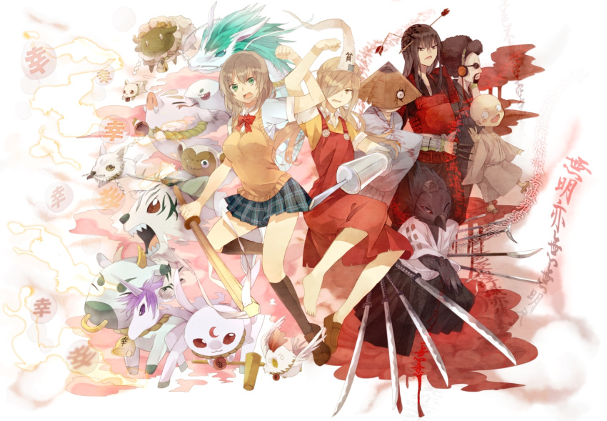 angry binbougami_ga! bird black_legwear blonde_hair bowtie cast chicken cow crow dog dragon dress fighting green_eyes hair_over_one_eye horse kinugoshidoofu locked_arms long_hair messy_hair miniskirt momiji_(binbougami_ga!) monkey mouse multiple_girls needle open_mouth pig ponytail red_dress sakura_ichiko school_uniform sheep shinai shirt shoes short_hair side-by-side silver_hair skirt socks standing sweater_vest sword tiger triangular_headpiece weapon yellow_eyes zombie