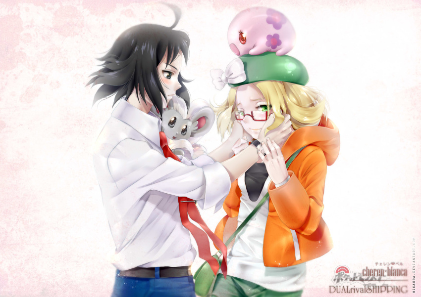 1boy 1girl ahoge bag bel_(pokemon) belt black_eyes black_hair blonde_hair character_name cheren_(pokemon) green_eyes hat hat_ribbon highres hikarra minccino munna necktie pocket pokemon pokemon_(creature) pokemon_(game) pokemon_bw2 purse ribbon title_drop watch watermark web_address white_background white_ribbon wristwatch