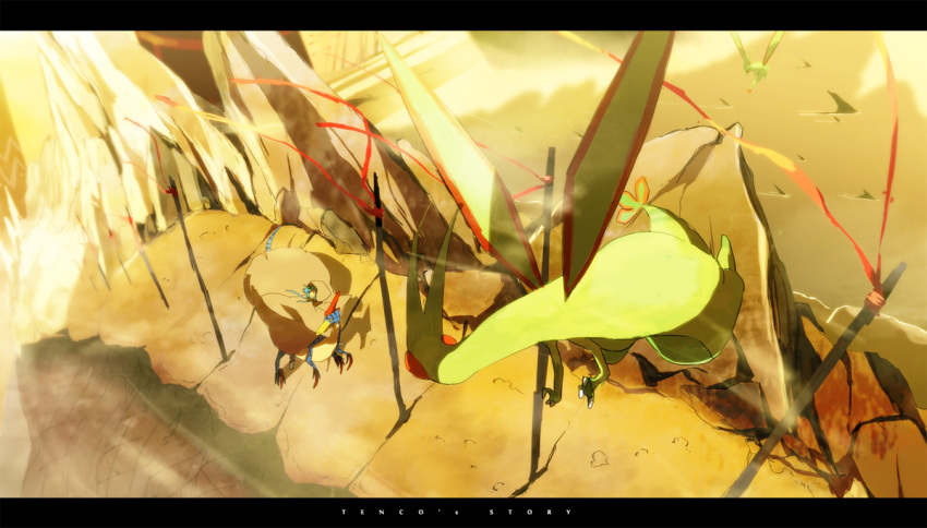 animal blue_hair cloak flygon flying from_above hinanawi_tenshi letterboxed monster_hunter pokemon red_eyes riding siirakannu touhou velocidrome
