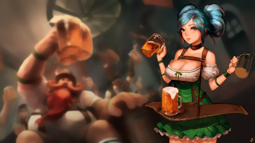 1girl ashe_(league_of_legends) bare_shoulders beer_mug blue_eyes blue_hair blurry breasts cleavage collar cup depth_of_field dirndl dress drink gangplank gragas highres instant-ip jug large_breasts league_of_legends mug oktoberfest olaf open_mouth short_hair sona_buvelle twintails waitress wallpaper