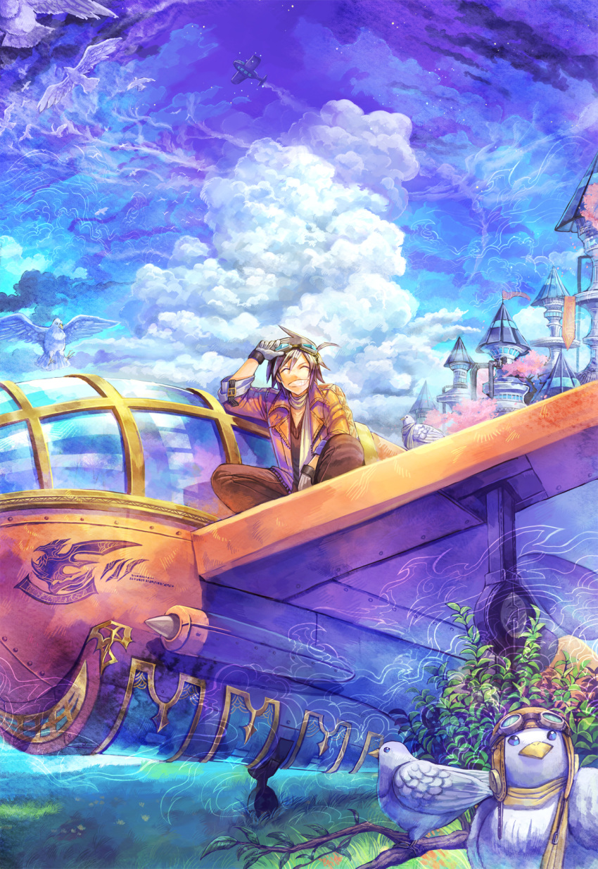^_^ airplane bird black_hair closed_eyes cloud clouds eyes_closed gloves goggles goggles_on_head grin hat highres male original scarf scenery sitting sky smile smoke solo steampunk yaittti