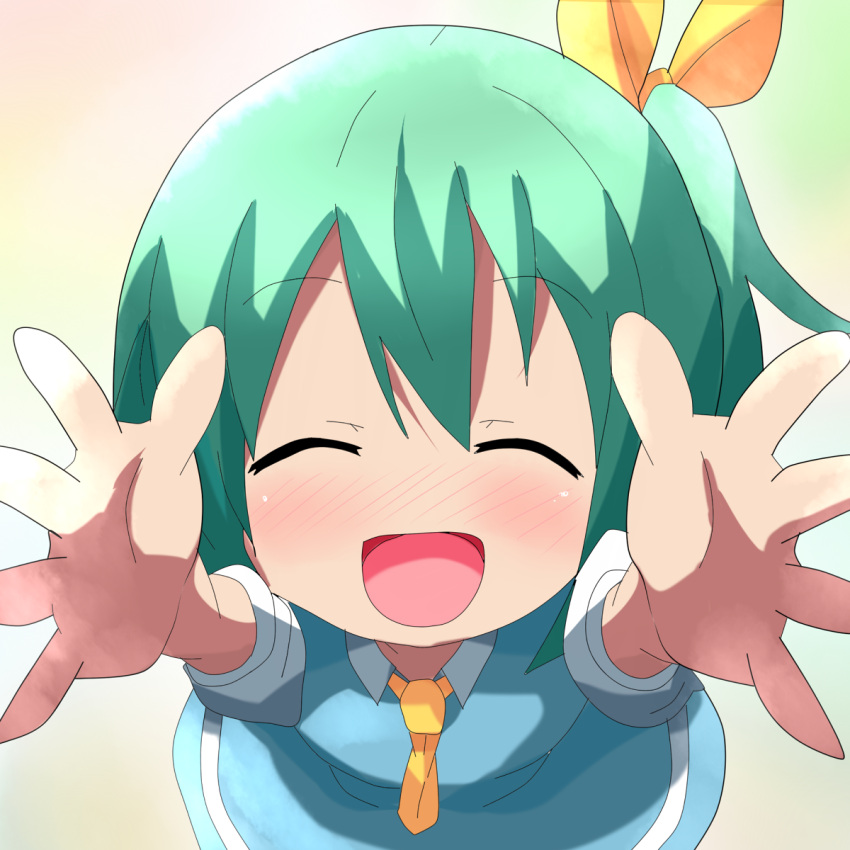 :d blush carry_me closed_eyes daiyousei eyes_closed green_hair hair_ribbon hands highres incoming_hug kuromu_(underporno) open_mouth pov ribbon short_hair side_ponytail smile solo touhou