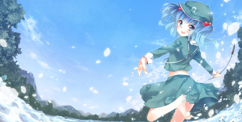 :d bare_legs barefoot blue_eyes blue_hair blue_sky cattail ech feet feet_in_water hair_bobbles hair_ornament hat kawashiro_nitori leg_up looking_at_viewer looking_back mountain open_mouth outstretched_arms plant short_hair skirt sky smile soaking_feet solo splash splashing spread_arms touhou twintails water