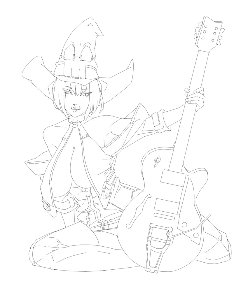 bob_cut boots breasts cleavage eu03 fingerless_gloves gloves guilty_gear guitar hat highres i-no instrument large_breasts mole short_hair sketch solo thigh-highs thigh_boots thighhighs tongue witch_hat