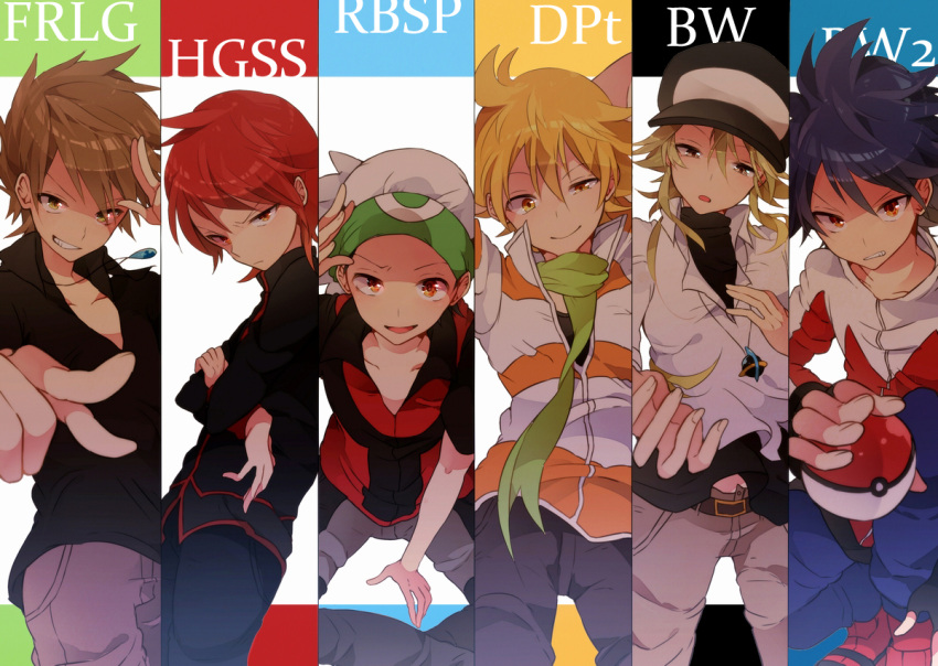 6boys bad_hands baseball_cap belt black_hair blonde_hair blue_hair brown_eyes brown_hair cap crossed_arms fingerless_gloves gloves green_hair grin hat holding holding_poke_ball hue_(pokemon) jacket jewelry jun_(pokemon) long_hair looking_at_viewer multiple_boys n_(pokemon) necklace ookido_green pointing poke_ball pokemon pokemon_(game) pokemon_bw pokemon_bw2 pokemon_dppt pokemon_frlg pokemon_hgss pokemon_rse red_hair redhead rival ruby_(pokemon) scarf shirt silver_(pokemon) smile spiked_hair spiky_hair title_drop tobari_(brokenxxx) yuuki_(pokemon)