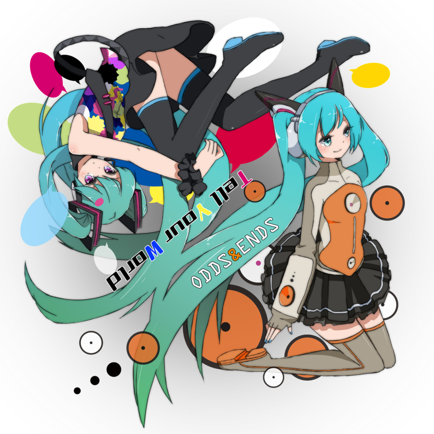 aqua_eyes aqua_hair boots hatsune_miku headphones highres kneeling long_hair lossofblood multiple_girls necktie odds_&amp;_ends_(vocaloid) project_diva_f purple_eyes skirt smile tell_your_world_(vocaloid) thigh-highs thigh_boots thighhighs title_drop transparent_background twintails very_long_hair violet_eyes vocaloid