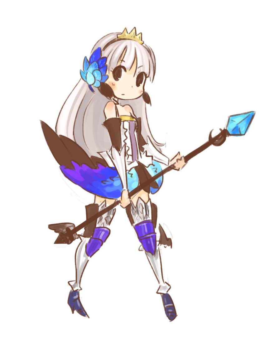 anonymous_drawfag armor armored_dress bare_shoulders boots chibi corset crown detached_sleeves greaves gwendolyn highres long_hair odin_sphere polearm solo spear thigh-highs thigh_boots thighhighs vambraces weapon white_hair