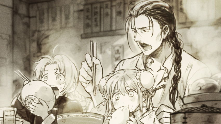 2boys braid bun_cover child chopsticks double_bun eating facial_hair family gintama highres kagura_(gintama) kamui monochrome multiple_boys mustache single_braid tkr_(lovedelic99) umibouzu young