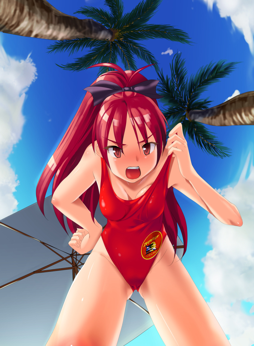 baywatch dyda fang from_below highres lifeguard long_hair looking_at_viewer mahou_shoujo_madoka_magica one-piece_swimsuit palm_tree ponytail red_eyes red_hair red_swimsuit redhead ribbon sakura_kyouko sky swimsuit tree