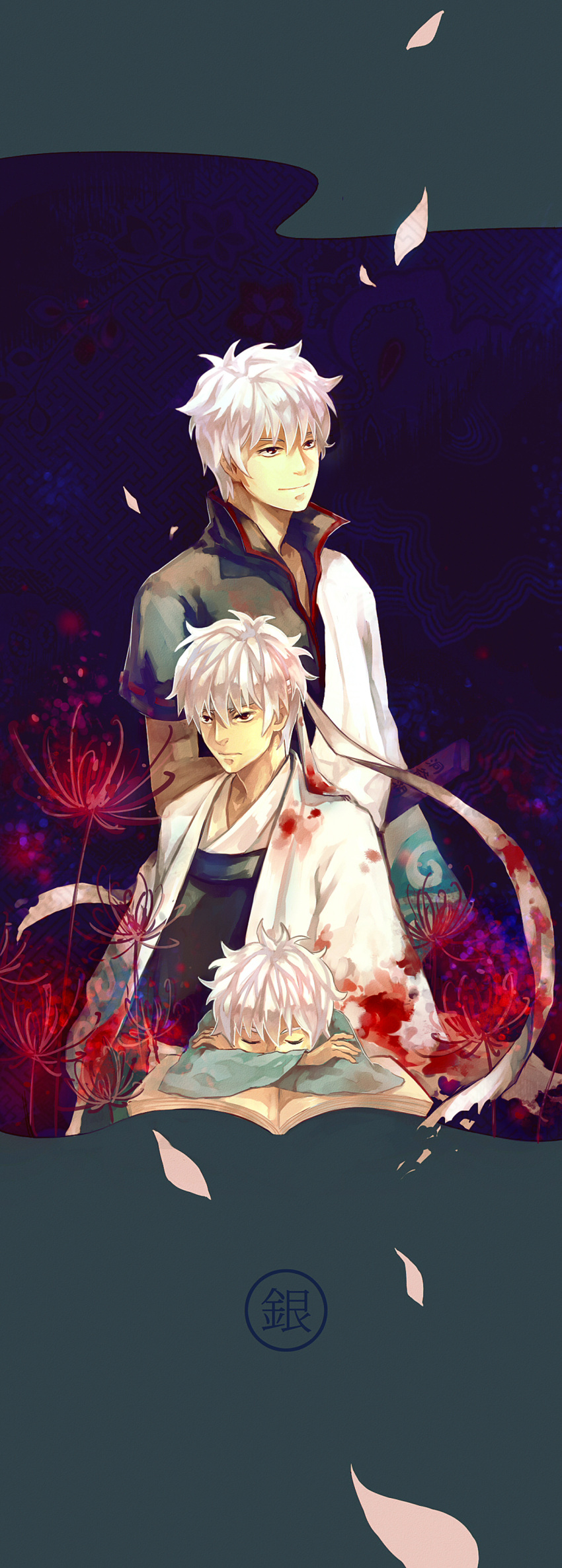 6cat absurdres adult book flower gintama headband highres japanese_clothes joui multiple_boys multiple_persona petals red_eyes sakata_gintoki silver_hair sleeping spider_lily white_hair young