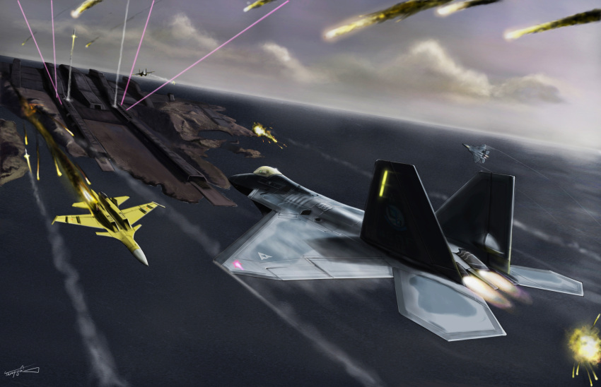 ace_combat_04 aerial_battle afterburner airplane artist_name battle cloud clouds damaged emblem explosion f-22 fighter_jet fire highres jet laser megalith meteor missile mobius_1 pilot signature sky smoke su-37 thompson yellow_squadron
