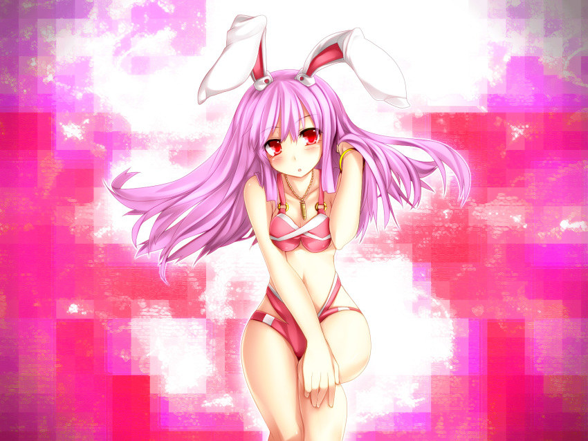 :o animal_ears bikini blush bracelet bunny_ears bunnygirl highres jewelry kazetto long_hair looking_at_viewer necklace pendant pink_hair purple_hair rabbit_ears red_eyes reisen_udongein_inaba solo swimsuit touhou