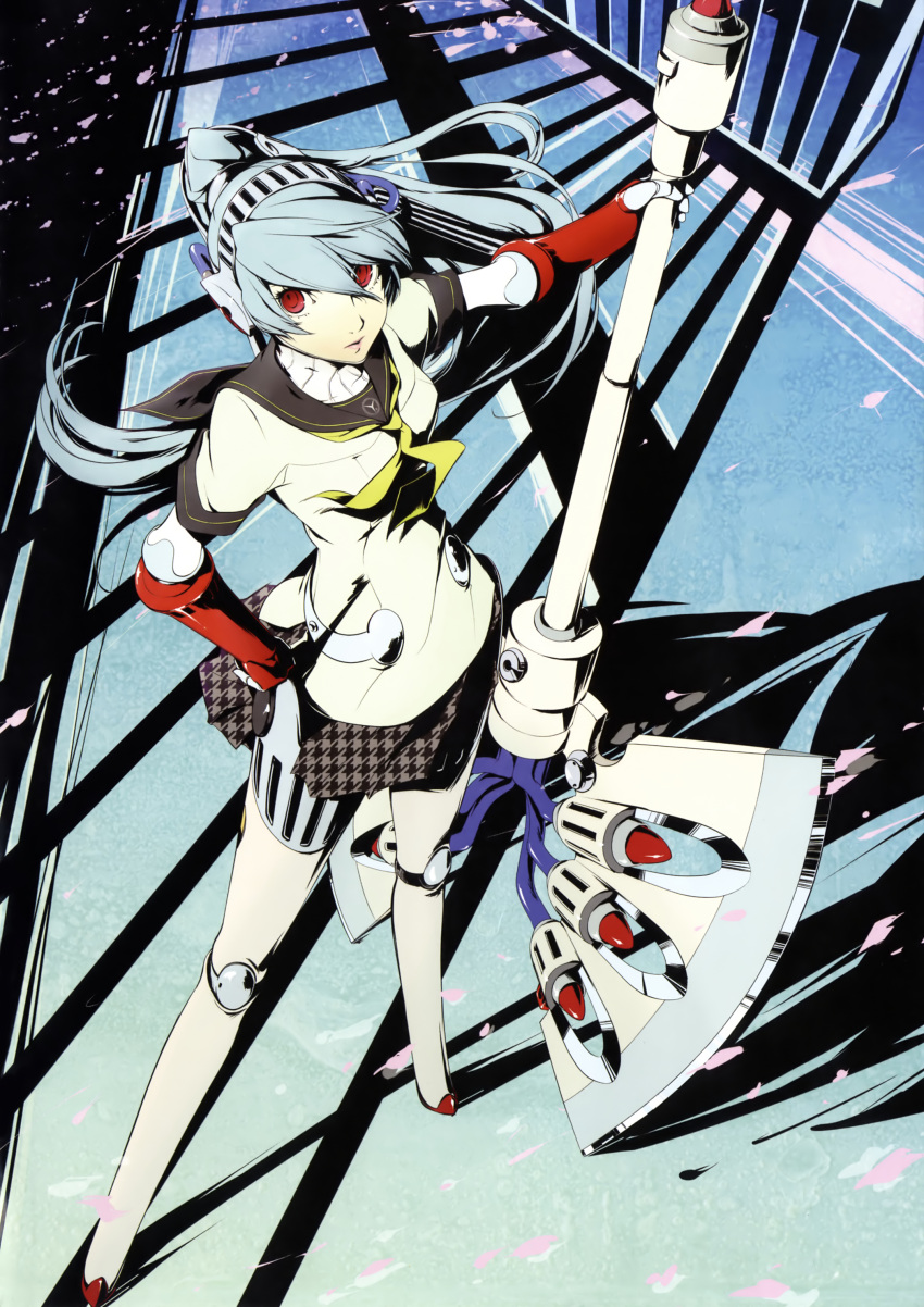 absurdres aqua_hair axe battle_axe headphones highres labrys long_hair official_art persona persona_4:_the_ultimate_in_mayonaka_arena pleated_skirt ponytail red_eyes robot_joints school_uniform skirt soejima_shigenori sogabe_shuuji weapon