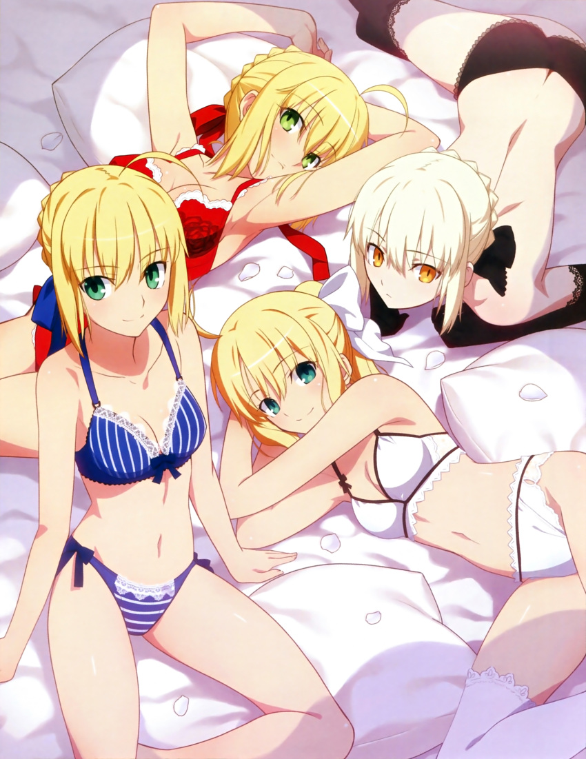 4girls absurdres ahoge alternate_costume alternate_hairstyle arm_support armpits arms_up artoria_pendragon_(all) ass bed black_bra black_gloves black_legwear black_lingerie black_panties blue_bra blue_lingerie blue_panties bra breasts cleavage elbow_gloves fate/extra fate/grand_order fate/stay_night fate/unlimited_codes fate/zero fate_(series) gloves green_eyes hair_bun hair_ribbon highres lace lace-trimmed_lingerie lace-trimmed_panties lace-trimmed_thighhighs lace_trim lingerie looking_at_viewer lying multiple_girls navel nero_claudius_(fate) nero_claudius_(fate)_(all) no_bra odd_one_out official_art on_side on_stomach panties petals pillow ponytail red_bra red_lingerie ribbon saber saber_alter saber_extra saber_lily scan sitting smile takeuchi_takashi thighhighs topless topless_female underwear white_bra white_legwear white_lingerie white_panties yellow_eyes