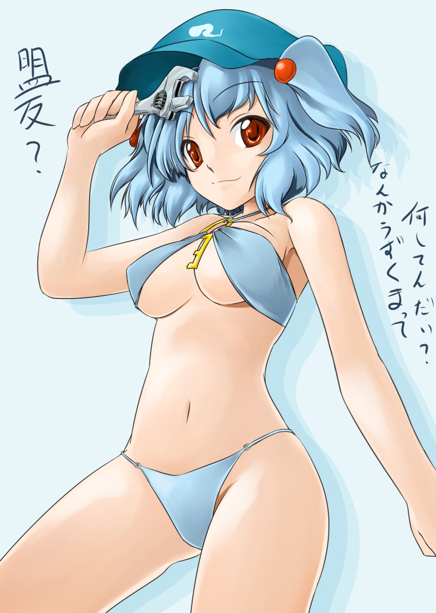 alternate_eye_color aneha bare_shoulders bikini blue_hair breasts brown_eyes cleavage criss-cross_halter hair_bobbles hair_ornament halter_top halterneck hat highres kawashiro_nitori key red_eyes short_hair simple_background smile solo swimsuit touhou translated twintails wrench