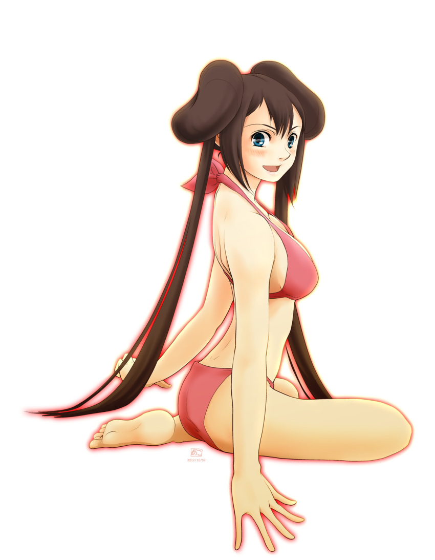 akosan arm_support bikini blue_eyes brown_hair double_bun highres mei_(pokemon) pokemon pokemon_(game) pokemon_bw2 swimsuit twintails