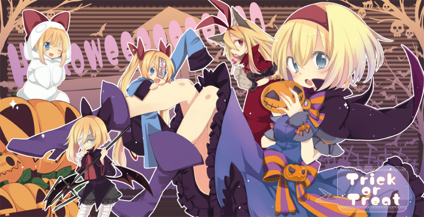 :o alice_margatroid alternate_costume alternate_hairstyle bandage bandages blue_eyes boots bow candy cape food_in_mouth gloves grin hair_bow hairband halloween hoodie hourai_doll jack-o'-lantern jack-o'-lantern lollipop looking_at_viewer mouth_hold ofuda oinari_(tensaizoku) paw_gloves polearm red_eyes shanghai_doll sharp_teeth short_hair smile solo touhou trick_or_treat trident twintails weapon wink