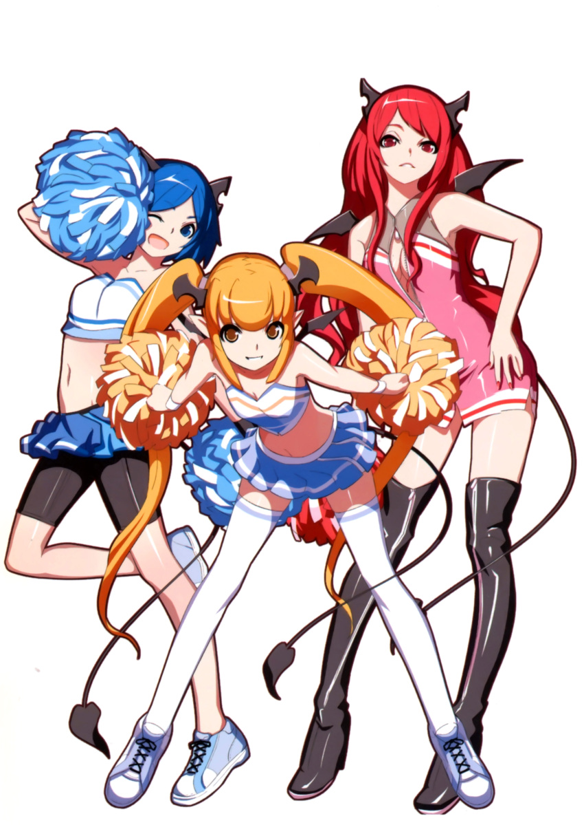;d absurdres bare_shoulders bent_over bike_shorts black_legwear blonde_hair blue_eyes blue_hair boots breasts center_opening cheerleader cleavage demon_tail demon_wings grin hand_on_hip highres horns long_hair midriff multiple_girls navel open_mouth original pom_poms red_eyes red_hair redhead scan shoes short_hair smile sneakers tail thigh-highs thigh_boots thighhighs twintails very_long_hair vofan white_legwear wings wink yellow_eyes