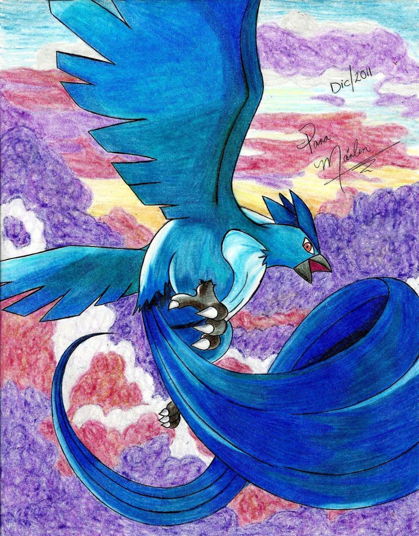 2012 articuno bird claws cloud clouds creature flying no_humans omar pokemon pokemon_(creature) signature traditional_media