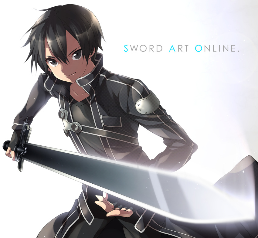 black_eyes black_hair fingerless_gloves gloves highres holding kirito looking_at_viewer male smile solo sword sword_art_online title_drop weapon yamaki_suzume