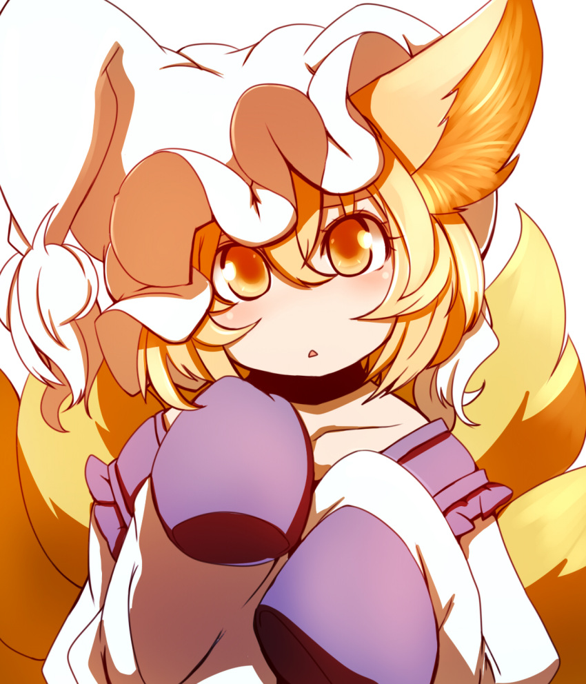 alternate_hairstyle animal_ears blonde_hair blush dearmybrothers fox_ears fox_tail hat highres looking_at_viewer multiple_tails oversized_clothes short_hair sleeves_past_wrists solo tail touhou yakumo_ran yellow_eyes young