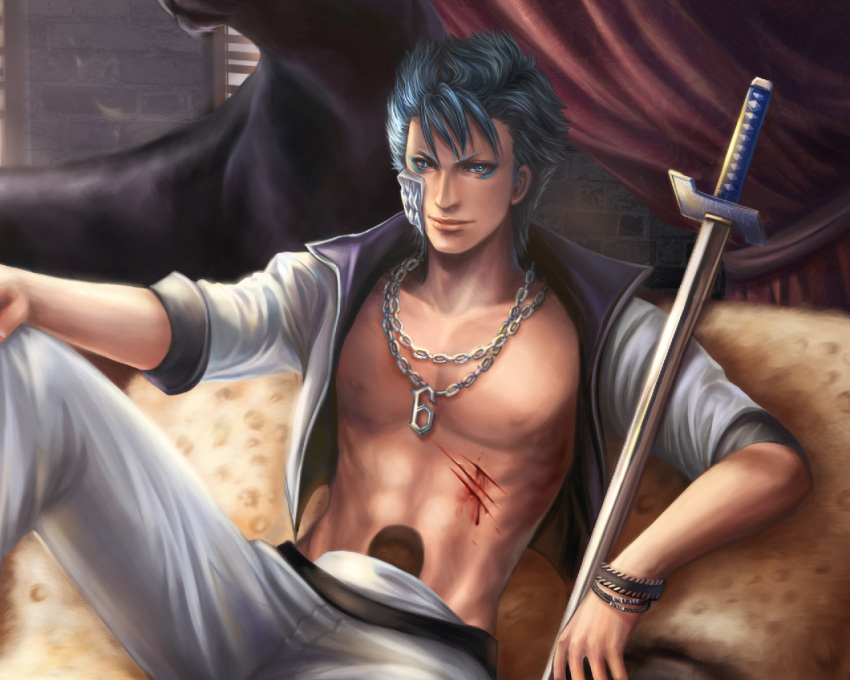arrancar bleach bleeding blood blue_eyes blue_hair chain chains couch curtains grimmjow_jaegerjaquez jiuge lips looking_at_viewer male open_clothes open_shirt sitting sword weapon wristband