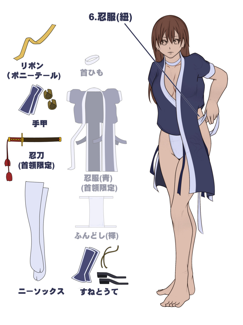 absurdres bare_legs barefoot breasts brown_hair bula choker dead_or_alive dressing flat_color fundoshi hair_down highres japanese_clothes kasumi long_hair ninja no_bra short_sleeves solo standing thighhighs translation_request tying