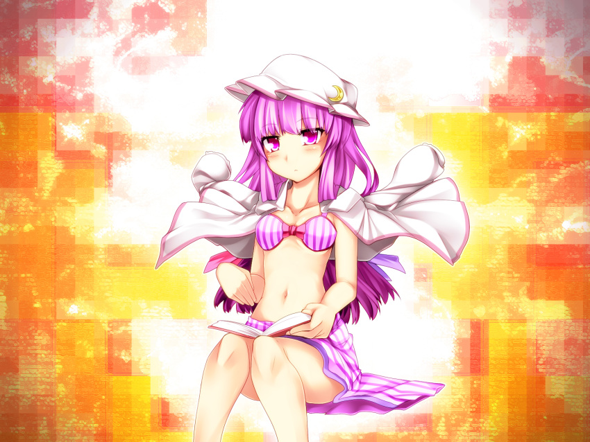 alternate_headwear bare_shoulders bikini book bow bra crescent hair_bow hat highres kazetto long_hair looking_at_viewer navel patchouli_knowledge purple_eyes purple_hair reading sitting solo swimsuit touhou underwear very_long_hair violet_eyes