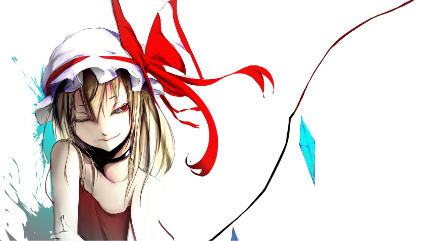 arm_grab bare_shoulders blonde_hair bow bust choker crystal face flandre_scarlet flat_gaze hair_between_eyes hat hat_bow hat_ribbon highres looking_away red_eyes ribbon solo touhou wallpaper white_background wince wings wink yugeoryouki