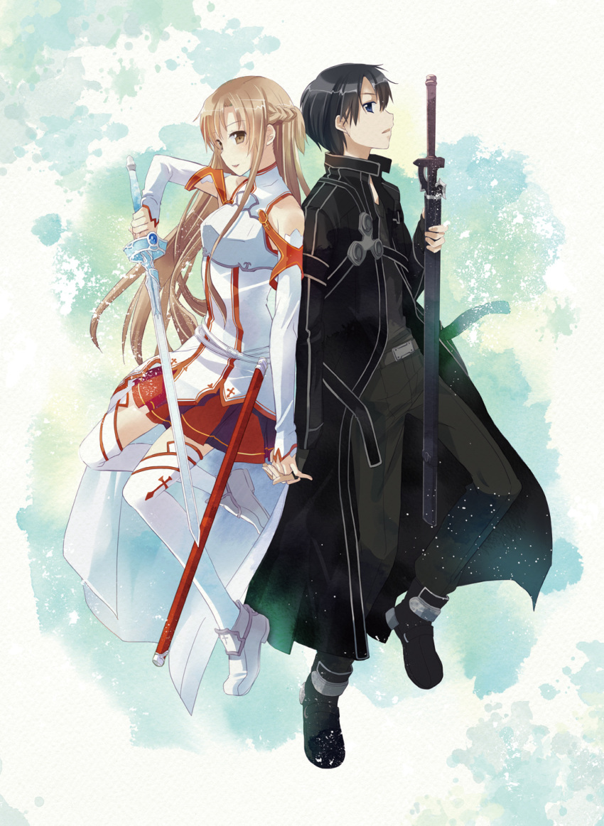 1girl asuna_(sao) bare_shoulders black_hair blue_eyes boots braid brown_eyes brown_hair coat couple fingerless_gloves gloves hand_holding highres holding_hands kirito long_hair naruse_chisato open_mouth pleated_skirt skirt smile sword sword_art_online thigh-highs thigh_boots thighhighs weapon white_legwear
