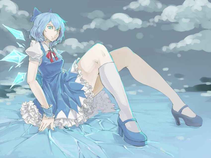 bad_id blue_eyes blue_hair bow cirno cloud clouds doming dress foreshortening hair_bow high_heels ice ice_wings mary_janes shoes sitting smirk socks solo teenage touhou wings wrist_cuffs