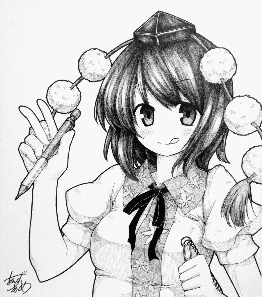 :q bow bust clown_222 face hat highres mechanical_pencil no_wings notebook pencil shameimaru_aya shikishi shirt short_hair solo tokin_hat tongue touhou traditional_media