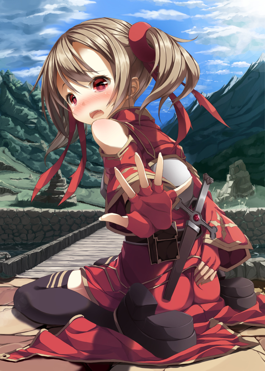 bare_shoulders black_legwear blush bridge brown_hair embarrassed fingerless_gloves gloves hand_on_ass highres mountain open_mouth outstretched_arm re:n_ne red_eyes silica sitting sky solo sword_art_online thigh-highs thighhighs twintails wariza weapon