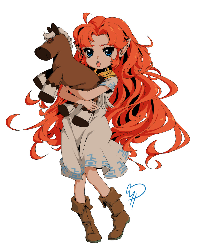 blue_eyes boots dress highres kanninchenkandykane long_hair malon ocarina_of_time pointy_ears pony red_hair redhead solo stuffed_animal stuffed_toy tan the_legend_of_zelda transparent_background very_long_hair young