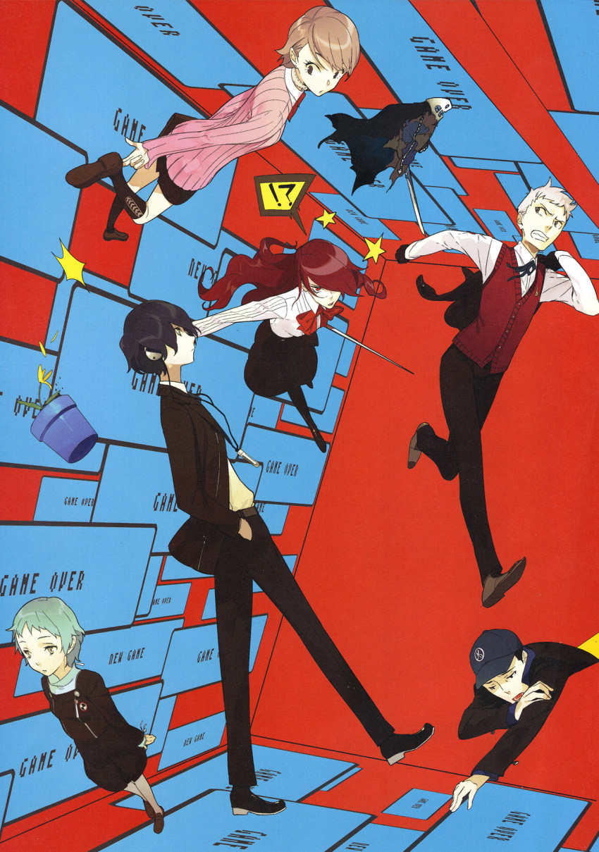 aqua_hair arisato_minato artist_request bow brown_eyes english full_body hair_over_one_eye hat highres iori_junpei kirijou_mitsuru long_hair pako persona persona_3 red_hair ribbon running sanada_akihiko scan school_uniform takeba_yukari thanatos walking weapon yamagishi_fuuka